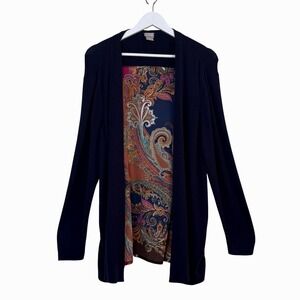 Chicos Womens Blue Paisley Mixed Open Front Cardigan Sweater Petite Size 2 Boho